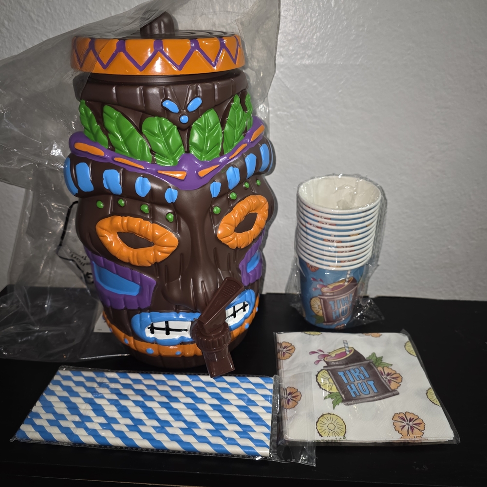 Tiki Party Drink Dispenser Set with Cups and Napkins